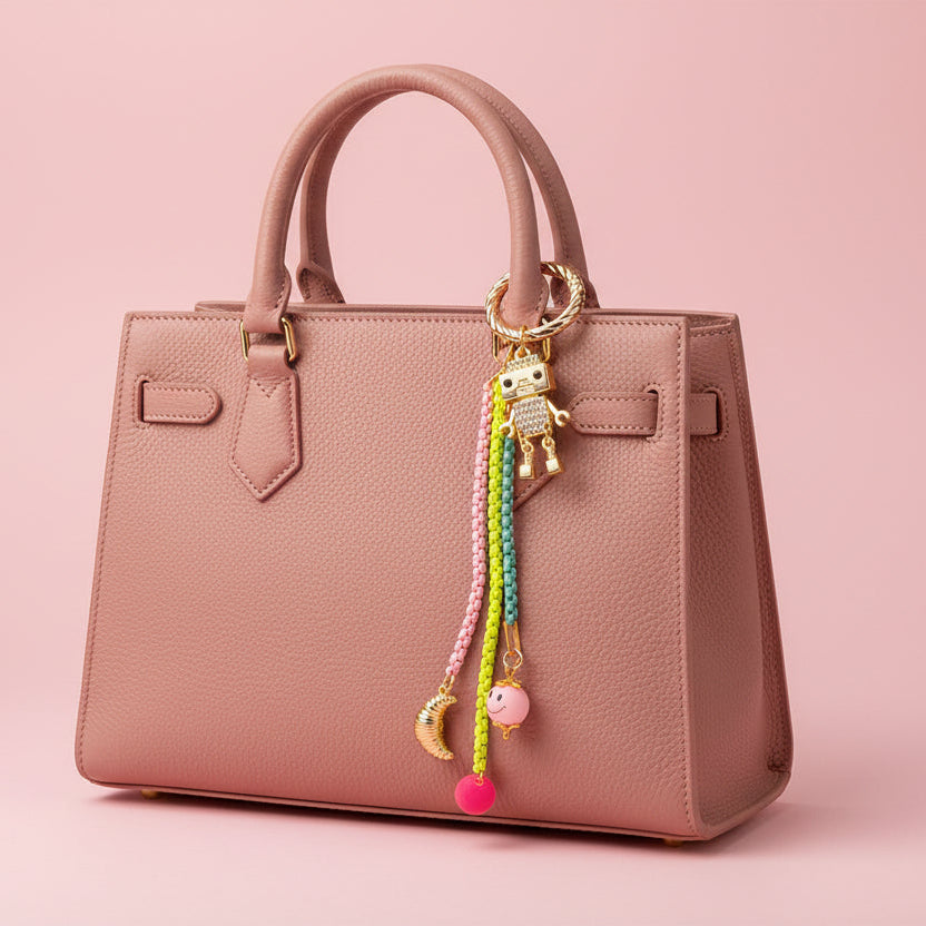 Geef je tas een speelse upgrade met deze opvallende bag charm,  dé trend van dit moment waar je niet omheen kunt. Met een vrolijk robotje, een smiley en een schattig croissantje straalt deze charm pure fun en persoonlijkheid uit.
Je klikt ‘m in een handomdraai aan je tas, rugzak of sleutelbos. Perfect om jouw look nét dat beetje extra te geven. De kleurrijke combinatie en eigenzinnige details zorgen voor een instant happiness-gevoel, elke keer als je ‘m ziet bungelen.