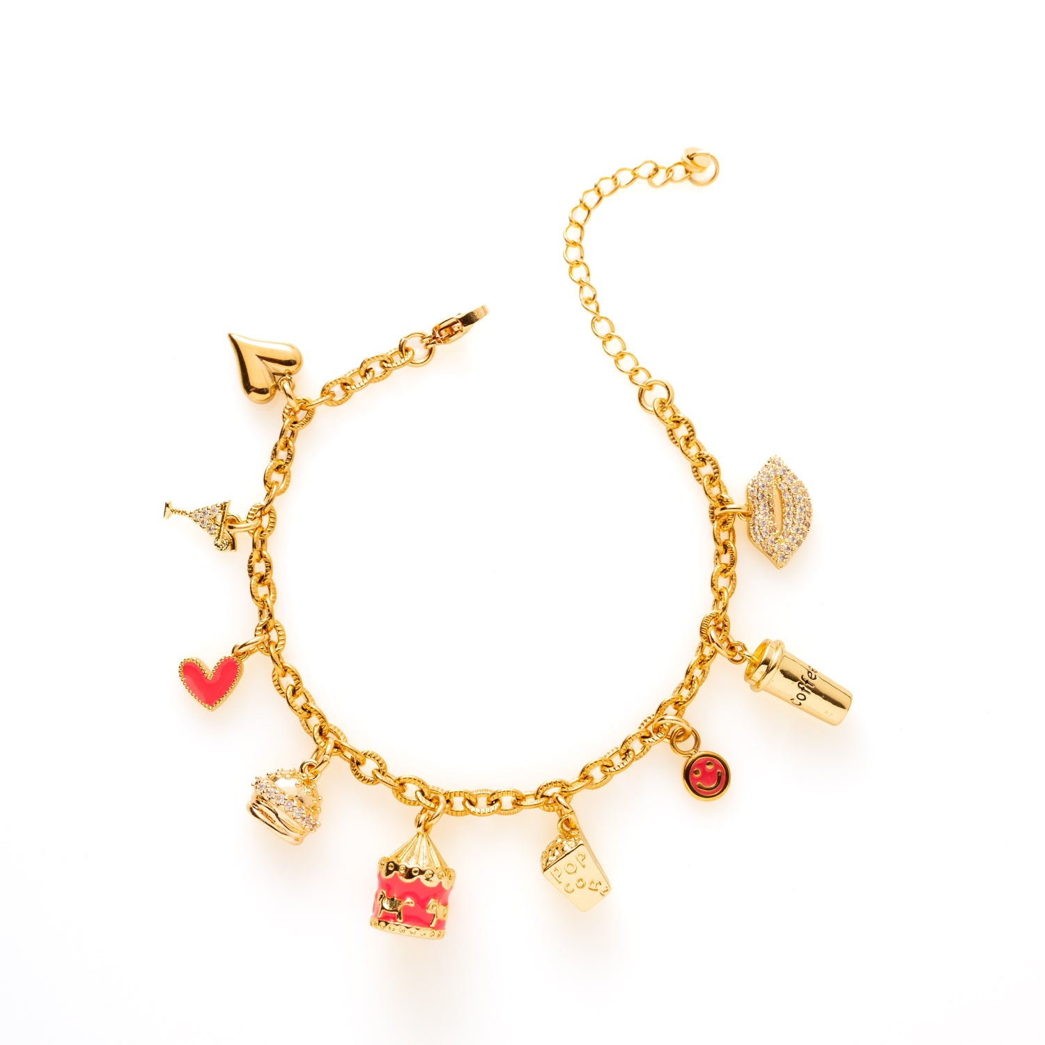 Stap in voor een rit vol plezier met de Funky Love Ride bedelarmband! Deze speelse armband is versierd met een unieke mix van bedels die je doen glimlachen: een hartje, cocktailglas, hamburger, carrousel, popcorn, smiley, koffiebeker en lipjes. Elke bedel voegt zijn eigen dosis charme en vrolijkheid toe, terwijl de glinsterende zirkonia de armband een luxe uitstraling geeft. De perfecte keuze voor vrouwen die houden van avontuur, fun en een vleugje funky glamour!