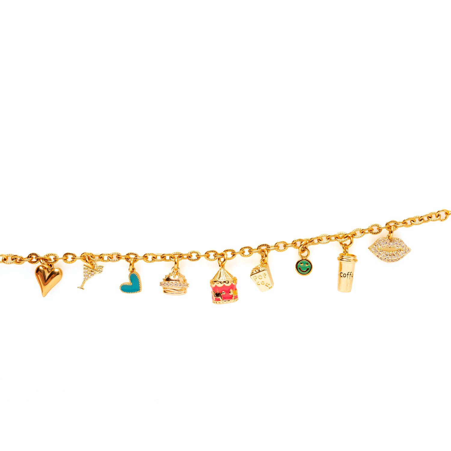 Voeg wat speelse energie toe aan je look met de Burgers & Fun bedelarmband! Deze vrolijke armband zit vol charmante bedels die de ultieme mix van gezelligheid en glamour vormen. Van een lief hartje en cocktailglas tot een hamburger, carrousel, popcorn, smiley, koffiebeker en lipjes – elke bedel brengt zijn eigen dosis plezier en karakter.