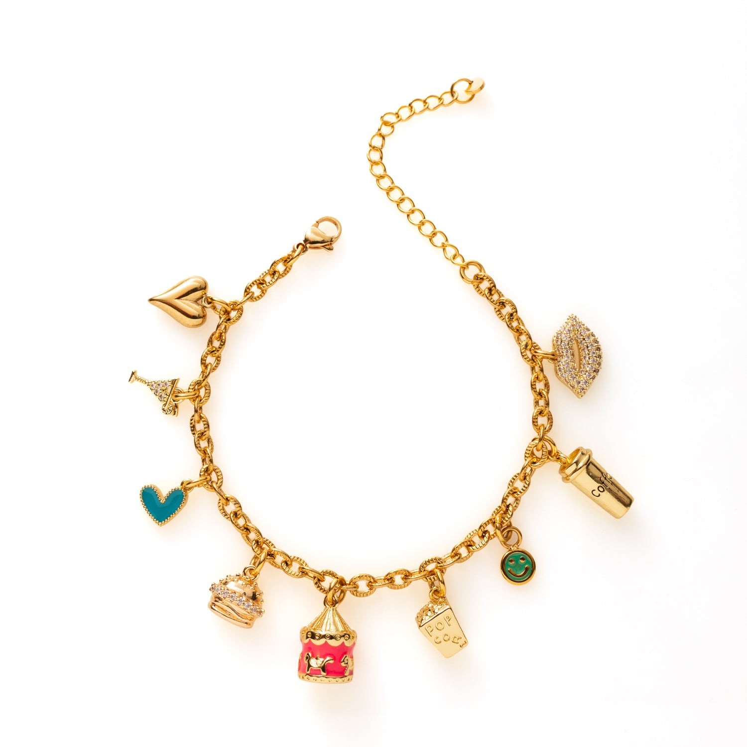 Voeg wat speelse energie toe aan je look met de Burgers & Fun bedelarmband! Deze vrolijke armband zit vol charmante bedels die de ultieme mix van gezelligheid en glamour vormen. Van een lief hartje en cocktailglas tot een hamburger, carrousel, popcorn, smiley, koffiebeker en lipjes – elke bedel brengt zijn eigen dosis plezier en karakter.