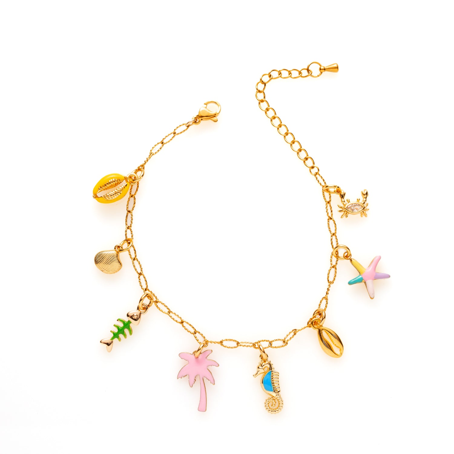 Beachy Bliss is een explosie van zomerse vrolijkheid! Deze goudkleurige bedelarmband combineert kleurrijke accenten in roze, geel, groen en blauw met tropische bedels zoals een palmboom, zeepaardje, visgraat, krab en schelpjes. Perfect voor iedereen die graag opvalt en van kleur houdt!