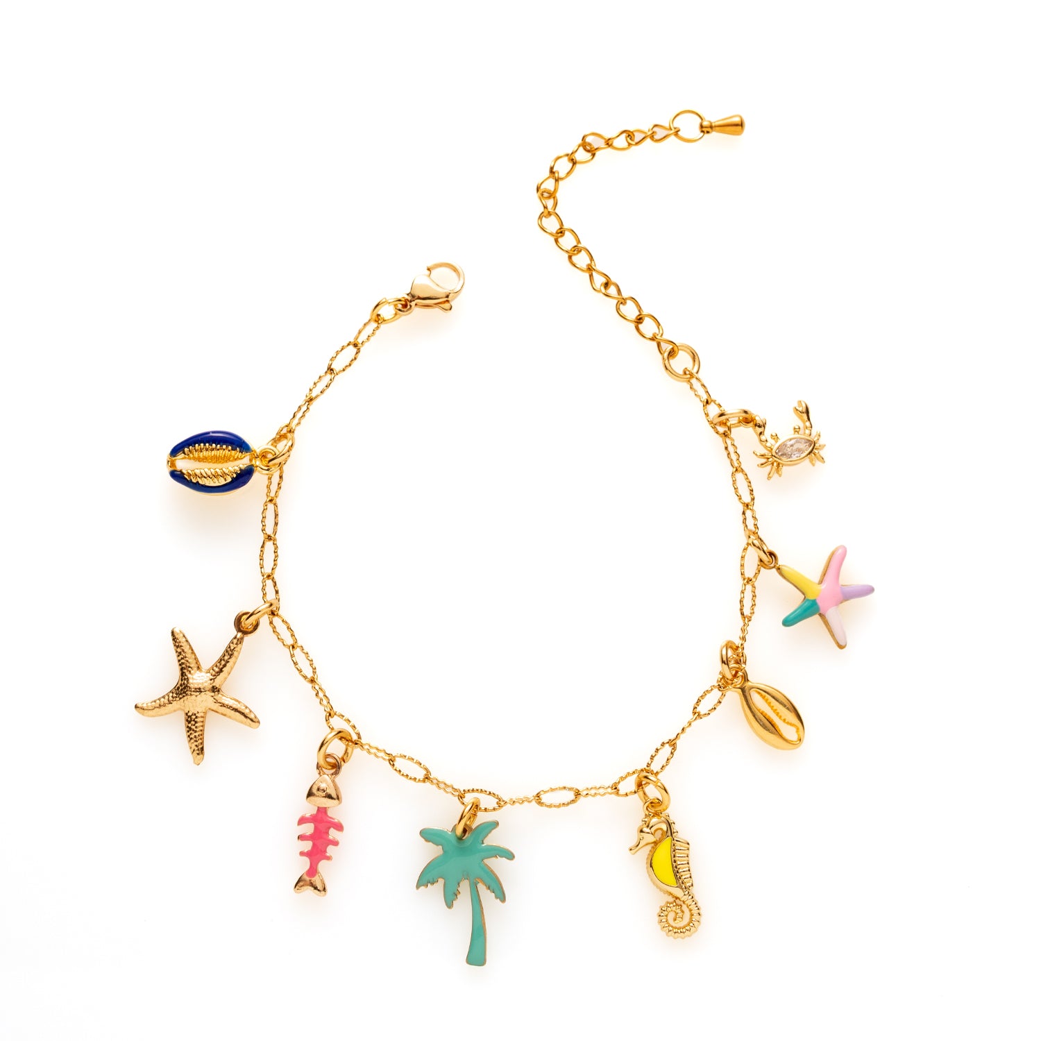 Sunshine Splash brengt de zomer naar je pols! Deze speelse bedelarmband met zeester, krab, visgraat en schelpjes in heerlijke kleurtjes is de perfecte manier om je zonovergoten avonturen te vieren. Vrolijk, kleurrijk en helemaal in de zomerse sfeer!