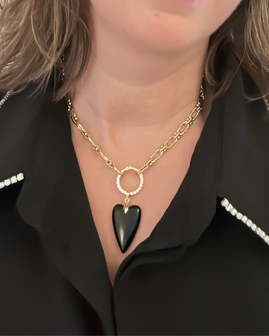 Ketting goud, rvs stainless steel 40 cm met een afneembare sluiting waar je diverse bedels aan kunt hangen. Bedels edelsteen hart obsidiaan of rose quartz