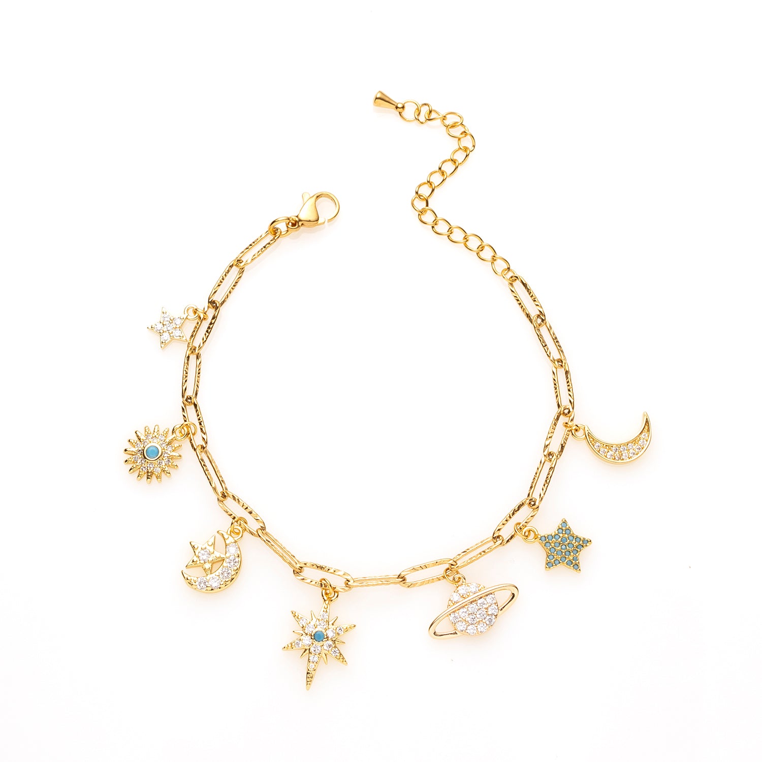 Laat je meenemen in de magische wereld van de kosmos met deze elegante, handgemaakte bedelarmband. Cosmic Harmony is fijn van vorm maar rijk aan betekenis: de armband is versierd met zeven zirkonia bedels — ster, zon, maan en planeet — elk subtiel sprankelend en zorgvuldig geselecteerd voor hun tijdloze, hemelse uitstraling.

Of je nu een liefde hebt voor alles wat met de sterrenhemel te maken heeft, of gewoon houdt van een sieraad dat elegantie en mystiek moeiteloos combineert, deze armband vormt een prach