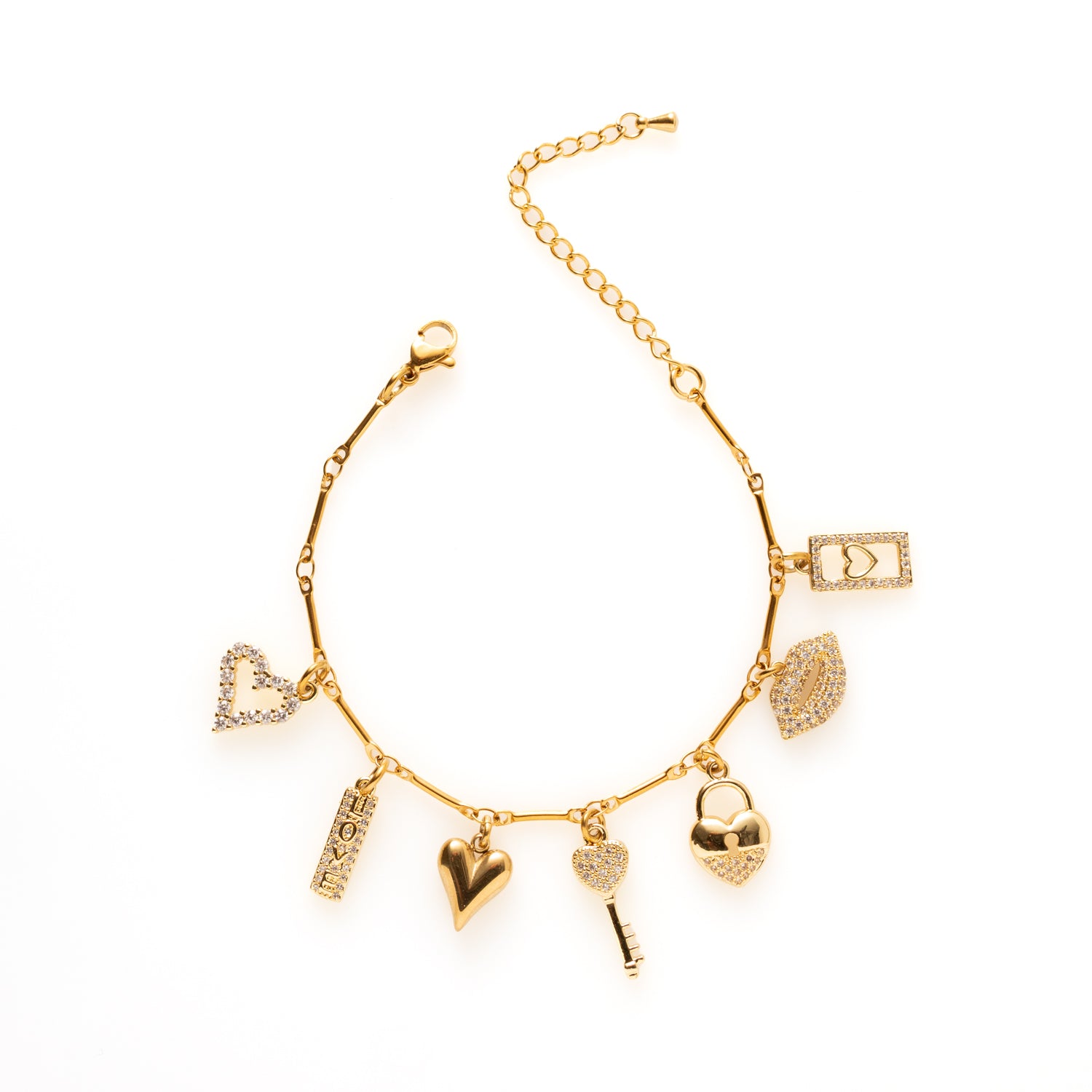 Ontdek de Whispers of Love armband, een verfijnde bedelarmband vol betekenis. De zorgvuldig gekozen bedels – van hartjes en lipjes tot een sierlijke sleutel – maken dit sieraad tot een prachtige mix van elegantie en speelsheid. Deze armband is perfect om cadeau te geven aan iemand die je liefhebt of als bijzondere toevoeging aan je eigen sieradencollectie.