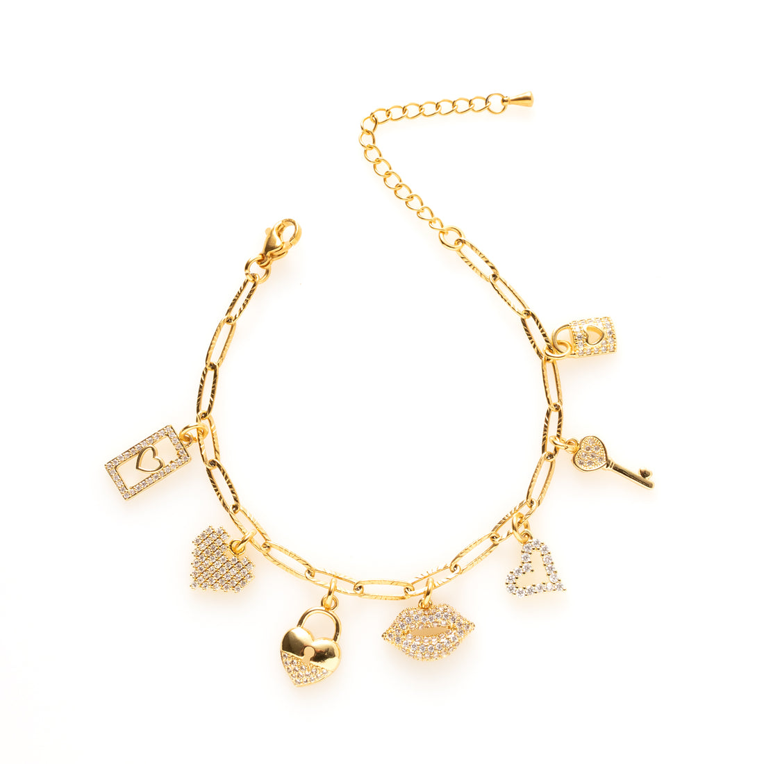 Geef je look een romantische twist met de Key to my heart armband. Deze stijlvolle armband is een combinatie van hartjes, kussende lipjes en een klassieke sleutel, ontworpen om de liefde en te vieren. Met zijn tijdloze en speelse uitstraling past deze armband perfect bij elke gelegenheid. Een prachtige keuze voor jezelf of een dierbare!