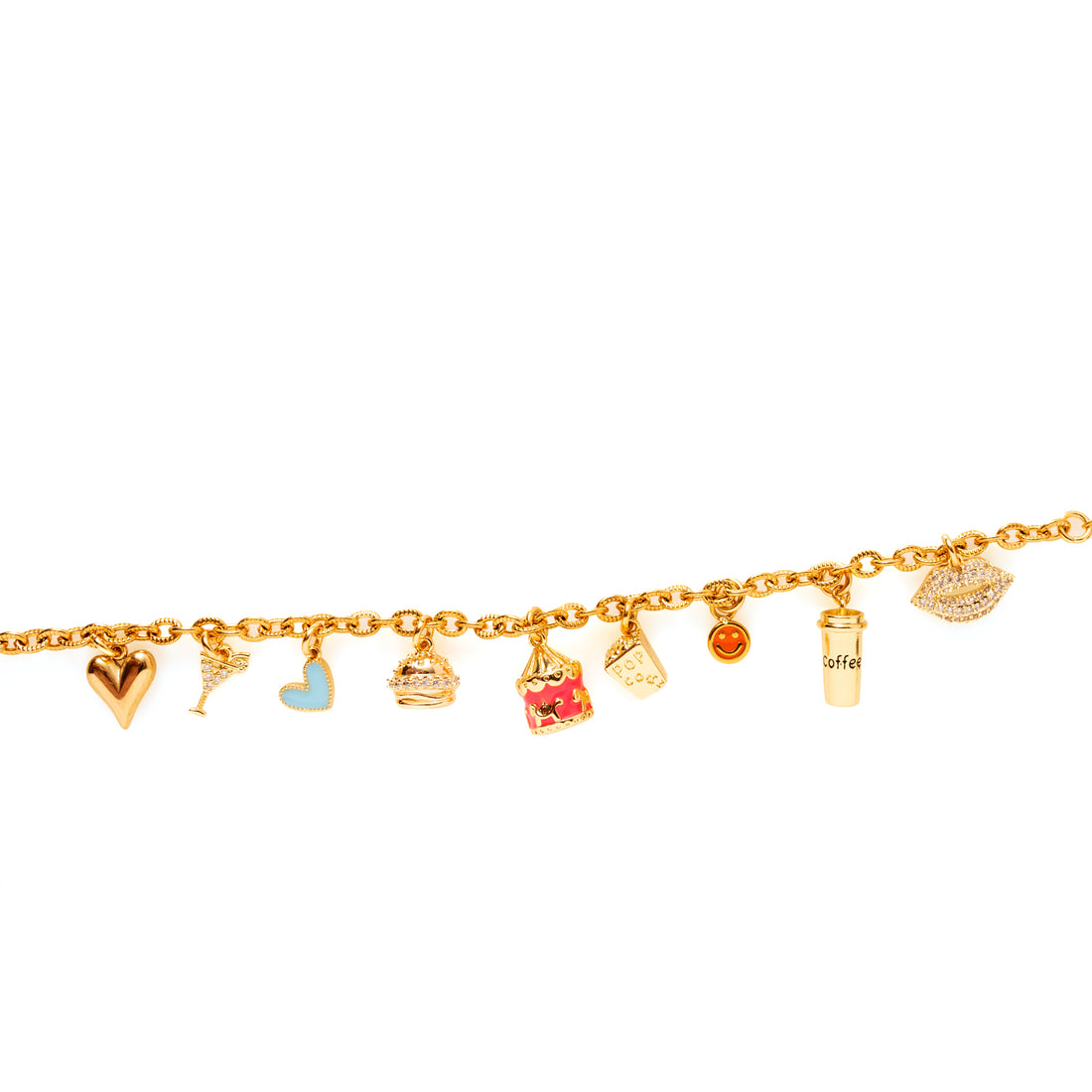 Laat het feestje beginnen met de Popcorn Party bedelarmband! Deze speelse en charmante armband bevat een mix van goudkleurige 3 gekleurde&amp;nbsp;bedels die je meteen een glimlach bezorgen: van een vrolijk hartje en een cocktailglas tot een hamburger, carrousel, popcorn, smiley, koffiebeker en lipjes. Elke bedel is zorgvuldig gekozen om een speelse en eigenzinnige uitstraling te geven, met een vleugje glamour dankzij de zirkonia-accenten. Draag deze armband en laat zien dat je altijd klaar bent voor een beetje