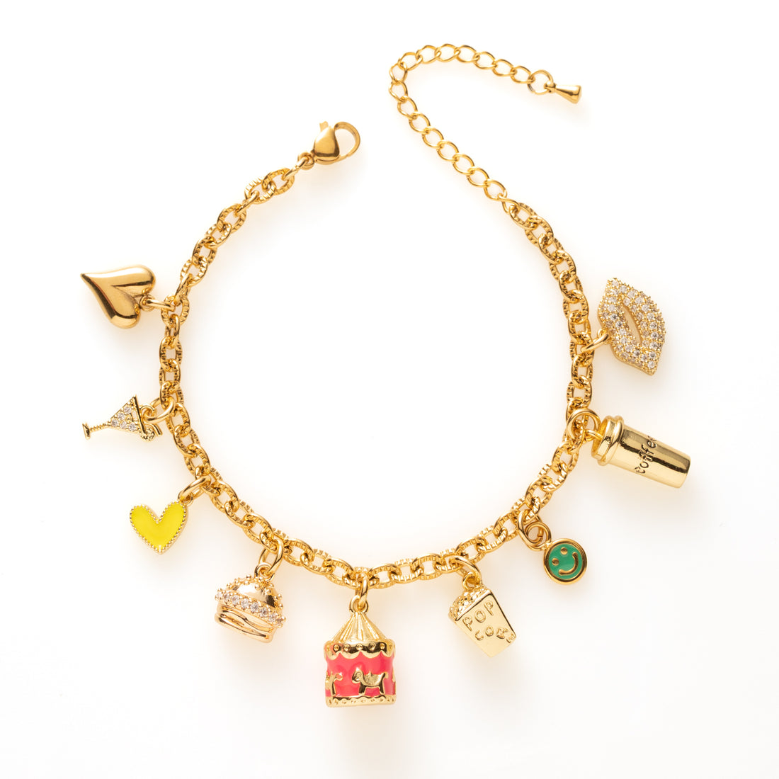 Popcorn Party straalt vrolijkheid en energie uit. De mix van popcorn, carrousel, cocktail, hamburger en koffiebeker zorgt voor een speels en kleurrijk geheel. Het gele hartje en de groene smiley geven de armband een zonnige uitstraling. Ideaal om je outfit een fun en opvallende twist te geven.