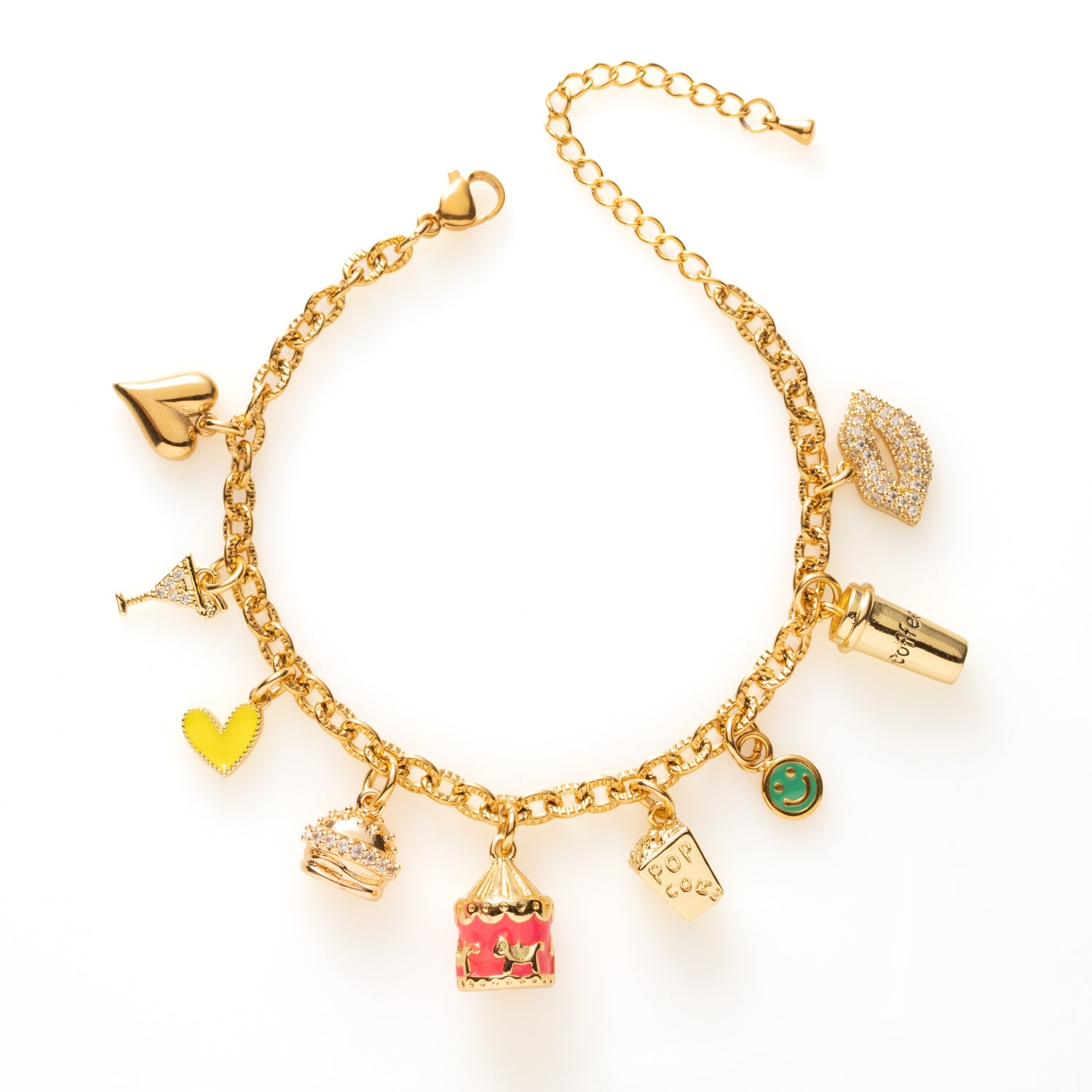 Popcorn Party straalt vrolijkheid en energie uit. De mix van popcorn, carrousel, cocktail, hamburger en koffiebeker zorgt voor een speels en kleurrijk geheel. Het gele hartje en de groene smiley geven de armband een zonnige uitstraling. Ideaal om je outfit een fun en opvallende twist te geven.