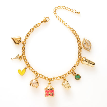 Popcorn Party straalt vrolijkheid en energie uit. De mix van popcorn, carrousel, cocktail, hamburger en koffiebeker zorgt voor een speels en kleurrijk geheel. Het gele hartje en de groene smiley geven de armband een zonnige uitstraling. Ideaal om je outfit een fun en opvallende twist te geven.