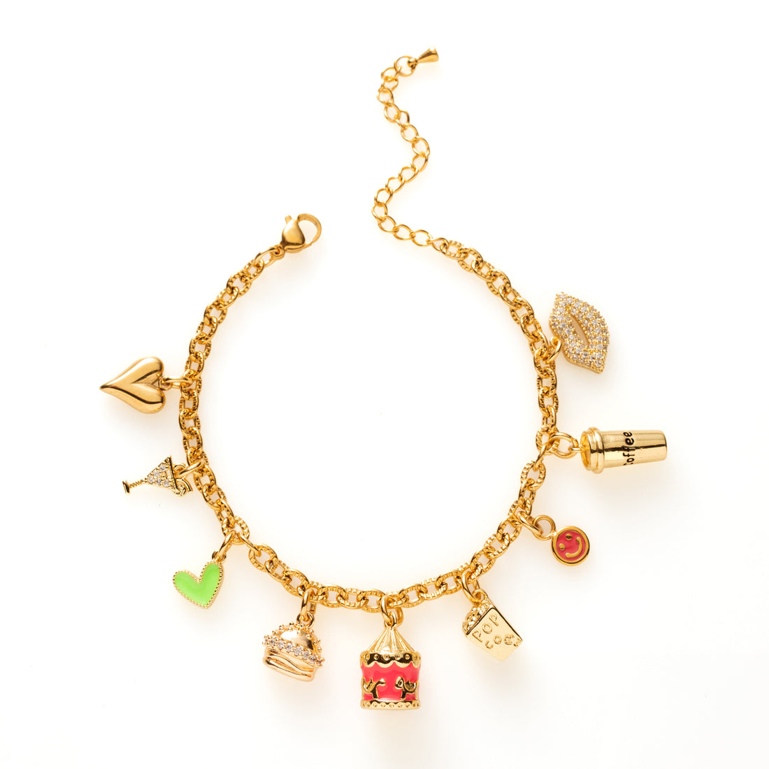 Funky Love Ride voelt als een mini-attractie om je pols. De combinatie van carrousel, hamburger, popcorn, cocktail en lipjes zorgt voor een speelse maar eigenzinnige look. Het groene hartje en de roze smiley geven een frisse twist. Voor vrouwen die durven op te vallen en hun stijl met humor dragen.