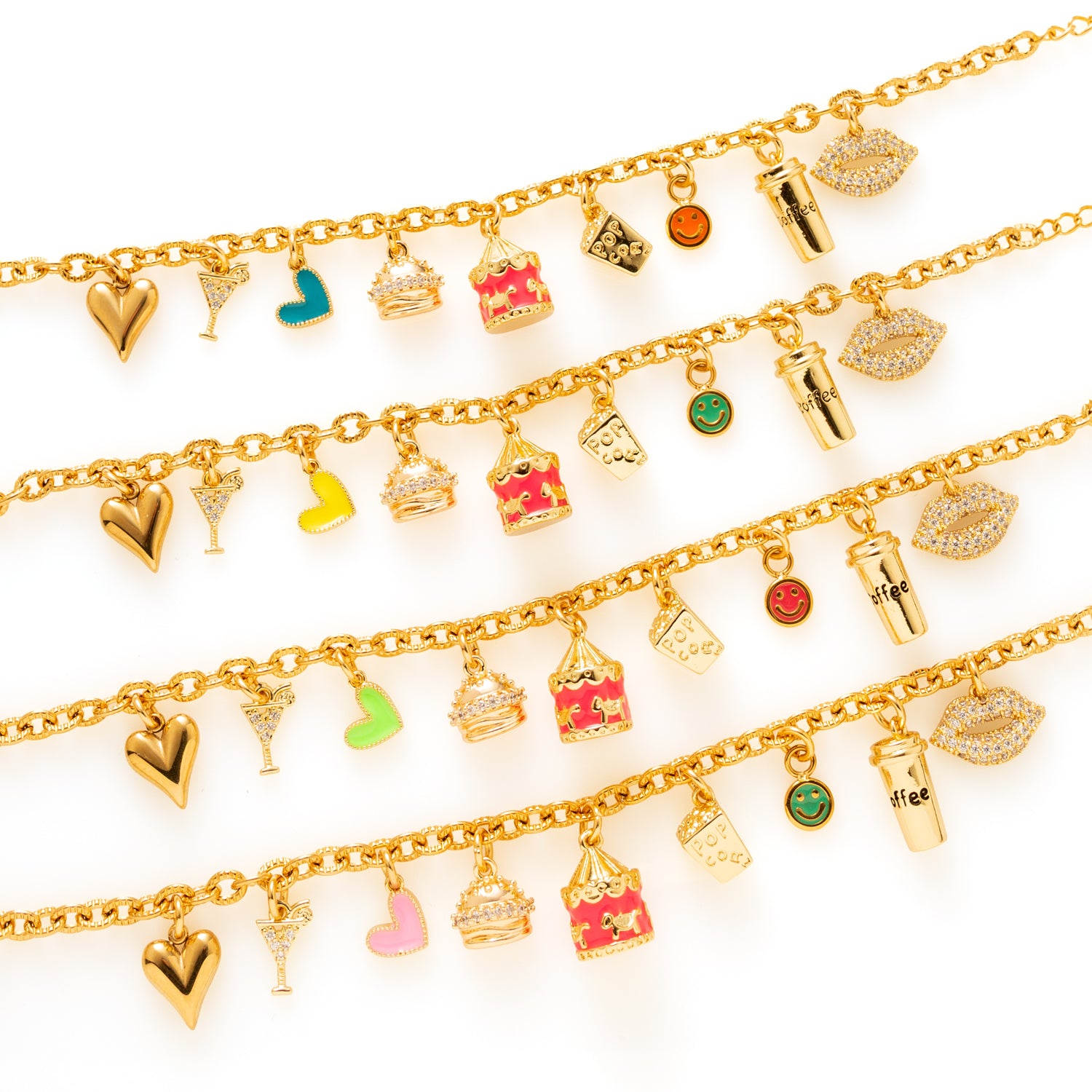 Funky Love Ride voelt als een mini-attractie om je pols. De combinatie van carrousel, hamburger, popcorn, cocktail en lipjes zorgt voor een speelse maar eigenzinnige look. Het groene hartje en de roze smiley geven een frisse twist. Voor vrouwen die durven op te vallen en hun stijl met humor dragen.