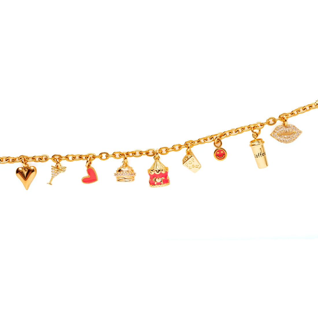Stap in voor een rit vol plezier met de Funky Love Ride bedelarmband! Deze speelse armband is versierd met een unieke mix van bedels die je doen glimlachen: een hartje, cocktailglas, hamburger, carrousel, popcorn, smiley, koffiebeker en lipjes. Elke bedel voegt zijn eigen dosis charme en vrolijkheid toe, terwijl de glinsterende zirkonia de armband een luxe uitstraling geeft. De perfecte keuze voor vrouwen die houden van avontuur, fun en een vleugje funky glamour!