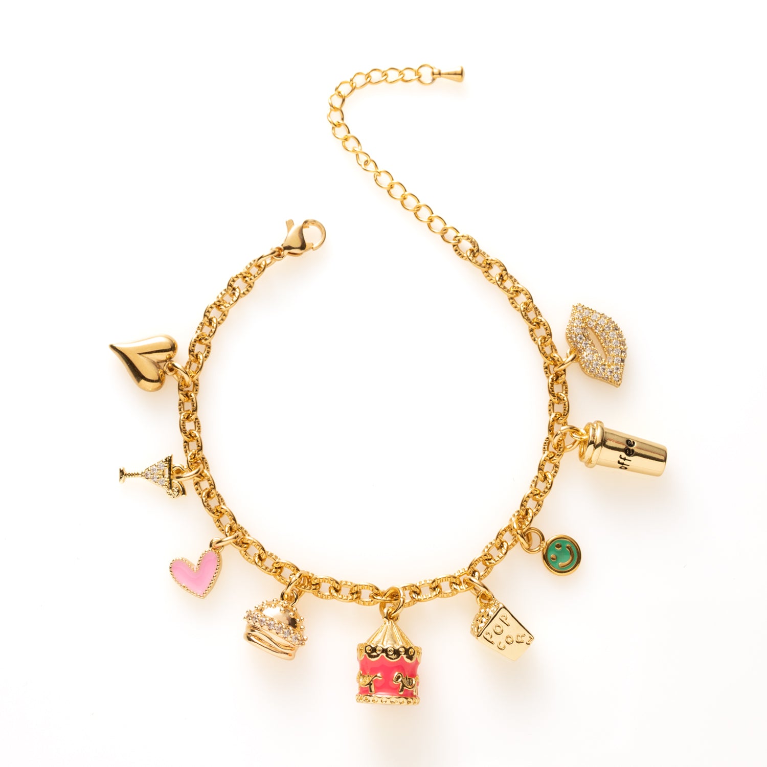Girls Night Out is gemaakt voor lange avonden, gezelligheid en een flinke dosis fun. Deze bedelarmband combineert speelse iconen zoals popcorn, cocktail, hamburger, lipjes, hartjes en vrolijke smiley details. Het roze hartje geeft een vrouwelijke, speelse touch. Een opvallend statement voor wie houdt van humor en stijl met een knipoog.