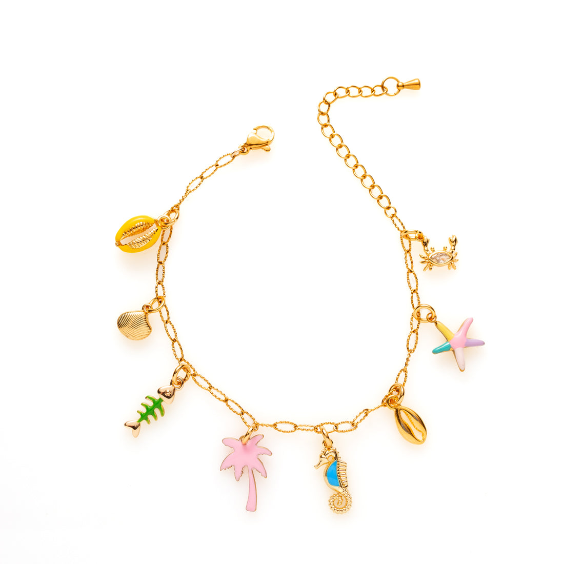 Beachy Bliss&amp;nbsp;is een explosie van zomerse vrolijkheid! Deze goudkleurige bedelarmband combineert kleurrijke accenten in roze, geel, groen en blauw met tropische bedels zoals een palmboom, zeepaardje, visgraat, krab en schelpjes. Perfect voor iedereen die graag opvalt en van kleur houdt!