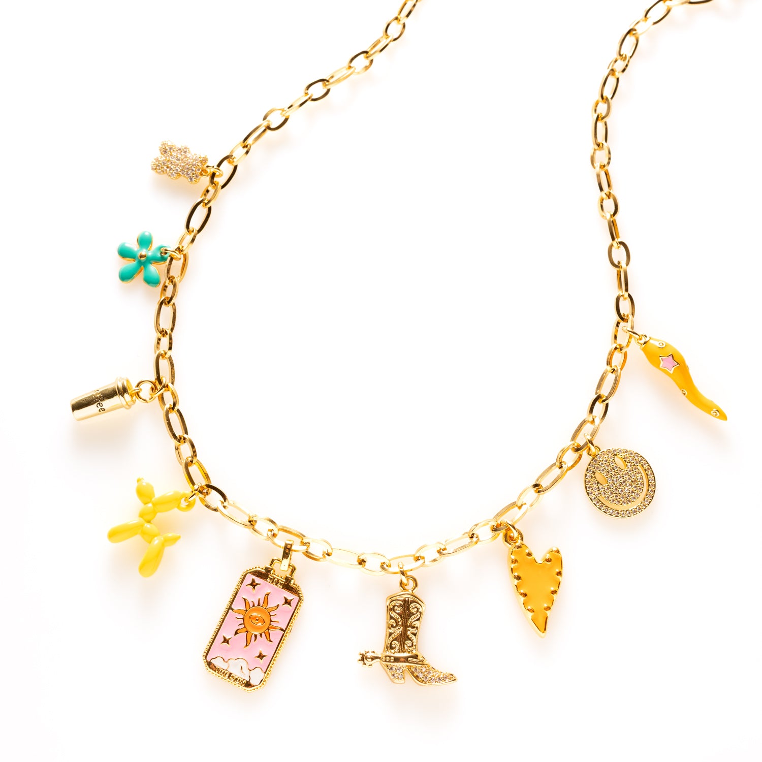 Lucky Latte bedelketting met koffiebeker, tarotkaart, smiley, cowboylaars, beertje en meer. Speels, avontuurlijk en vol magie – jouw dagelijkse dosis geluk.
