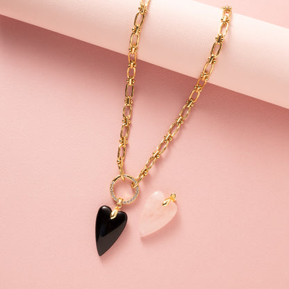 Ketting goud, rvs stainless steel 40 cm met een afneembare sluiting waar je diverse bedels aan kunt hangen. Bedels edelsteen hart obsidiaan of rose quartz