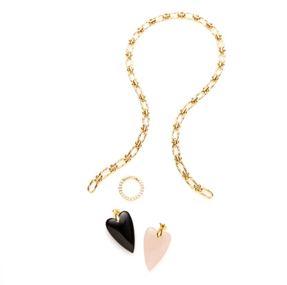 Ketting goud, rvs stainless steel 40 cm met een afneembare sluiting waar je diverse bedels aan kunt hangen. Bedels edelsteen hart obsidiaan of rose quartz