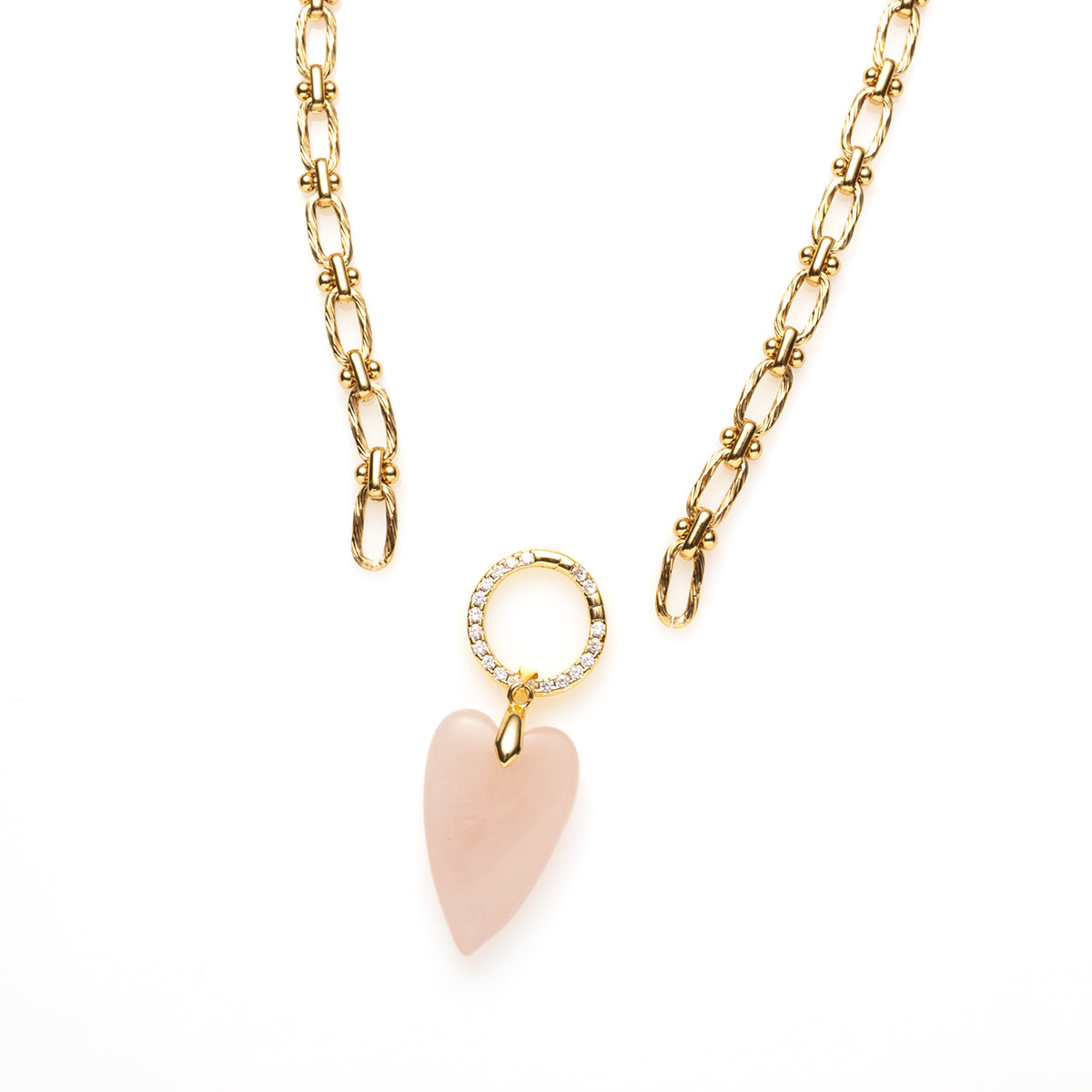 Ketting goud, rvs stainless steel 40 cm met een afneembare sluiting waar je diverse bedels aan kunt hangen. Bedels edelsteen hart obsidiaan of rose quartz