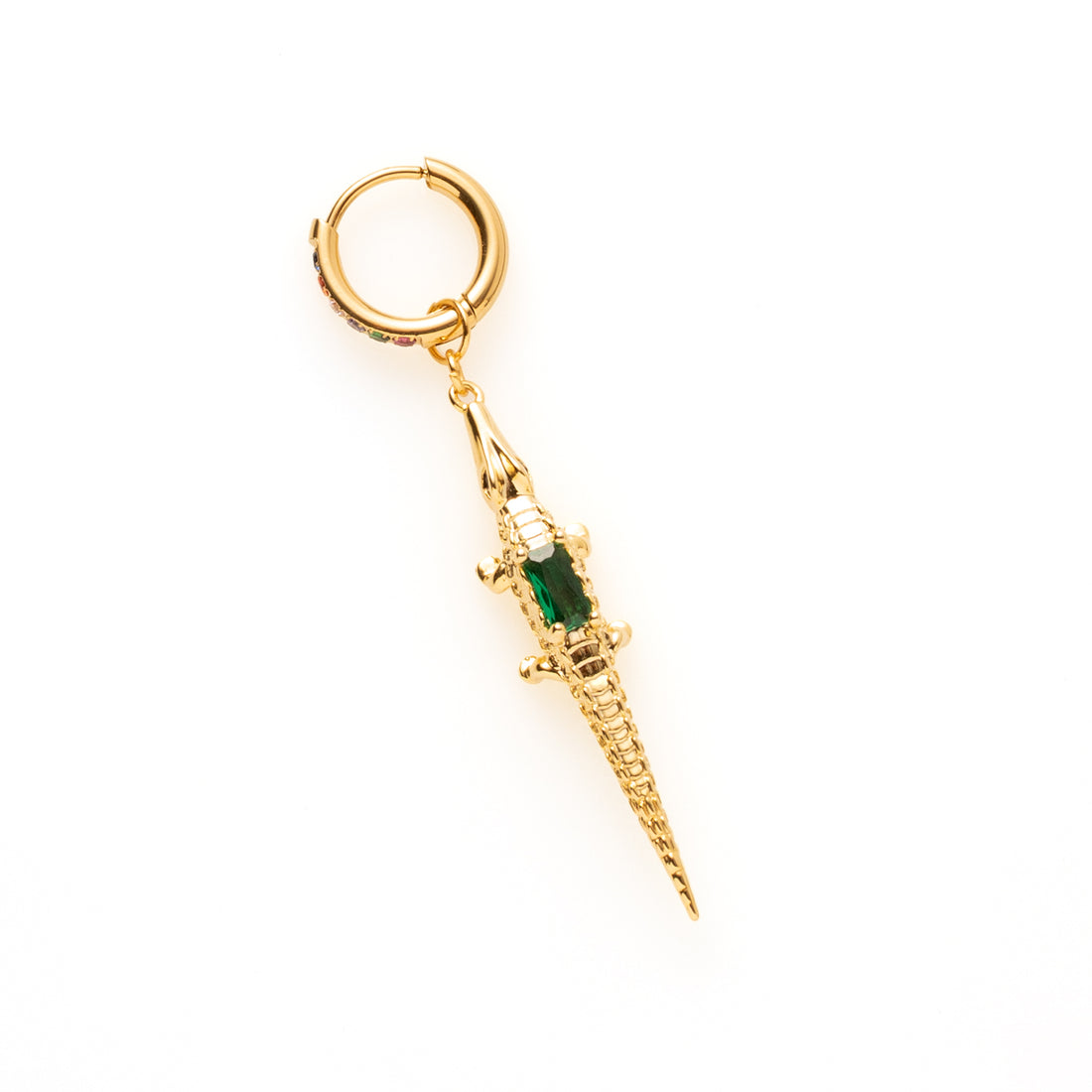 Laat je oor opvallen met Alligator Spark – een one piece oorbel met een brutale twist. Deze stijlvolle blikvanger combineert een kleurrijke zirkonia oorring met een funky krokodil bedel, die pronkt met een glinsterend groen detail. De perfecte mix van speels en chic – draag ‘m solo voor een edgy statement of combineer ‘m met meerdere oorbellen voor een eigenzinnige look.