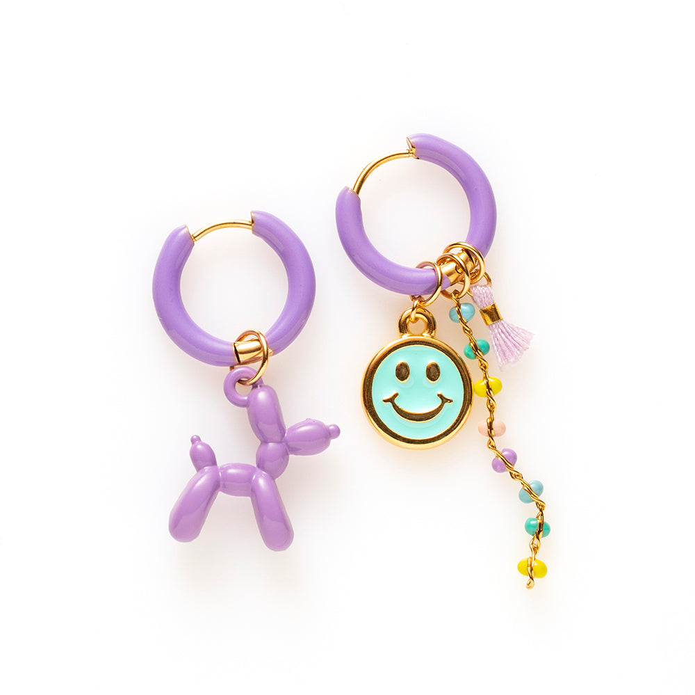 Balloon Dog &amp; Smiley - Oorbellen/Paars