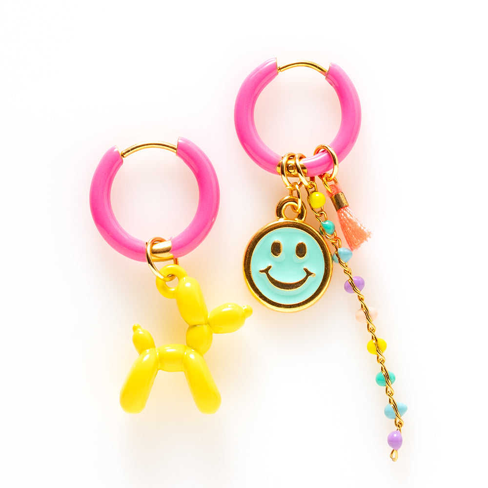 Balloon Dog &amp; Smiley - Oorbellen/Fel Roze