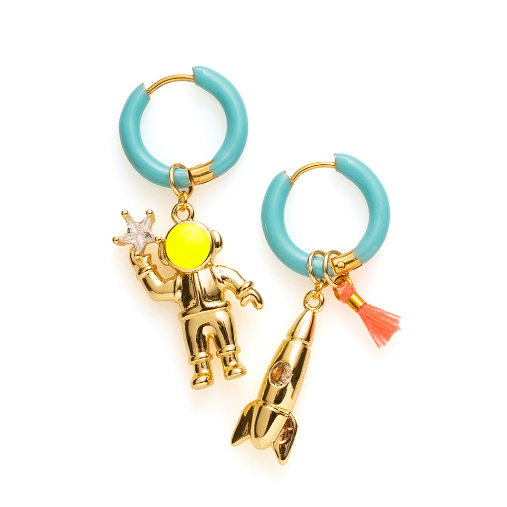 Astronautje &amp; Raket - Oorbellen / Turquoise